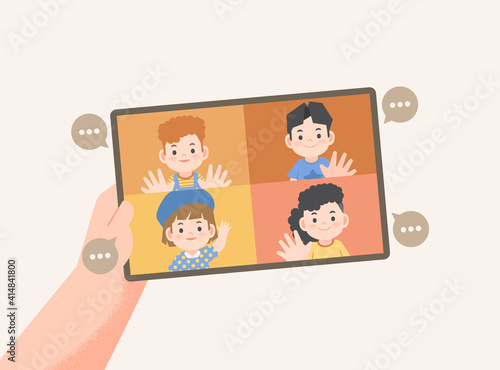 a hand holding tablet children video call social online group to connect together with friends from distancing place illustration vector.