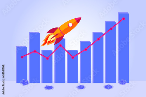 Startup rocket flying up with rising graph and diagram background after coronavirus outbreak. Business recovery vector concept