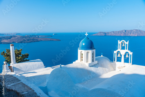 Theoskepasti church overlooking Thirasia island at Santorini in Greece photo