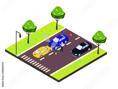 Car crash accident with driver arguing on the road. Isometric vector concept
