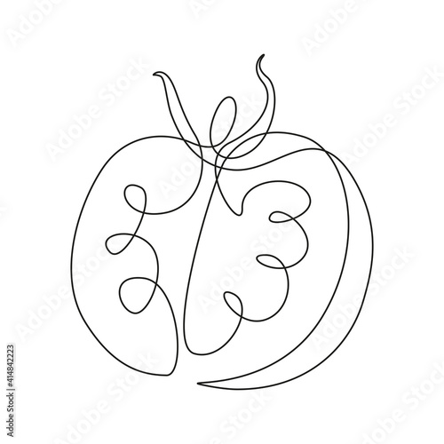 One continuous line drawing tomato. Fresh slice healthy organic vegetable concept for veggie garden icon. Modern minimalistic graphic design vector illustration for logo