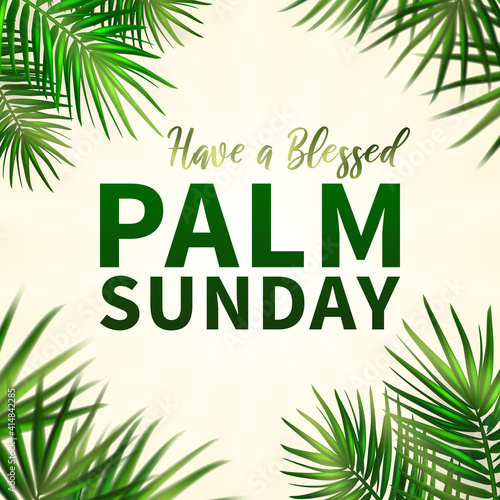 Palm Sunday - greeting banner template for Christian holiday, with palm tree leaves background. Congratulations with first day in Holy Week and symbol of triumphal entry into Jerusalem