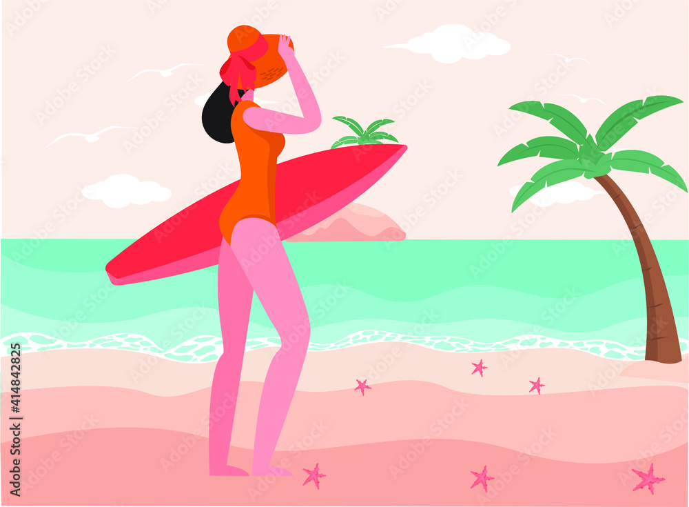 Holiday vector concept: Sexy woman standing in the beach while holding surfing board 