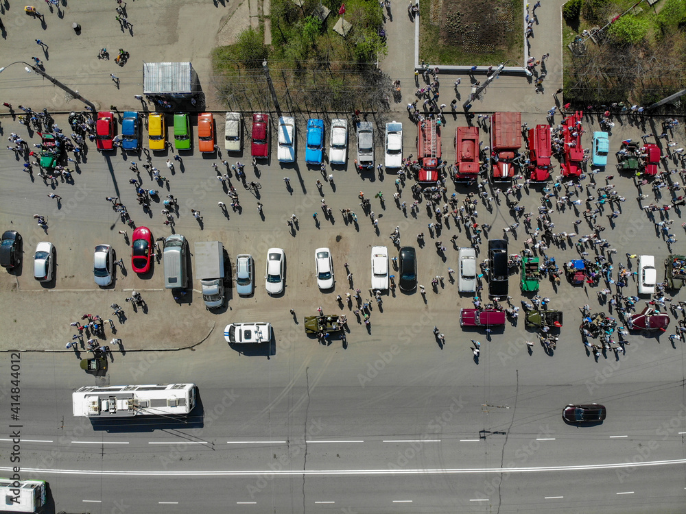 Fototapeta premium Aerial view of the parade of retro cars in 2019 (Kirov, Russia)