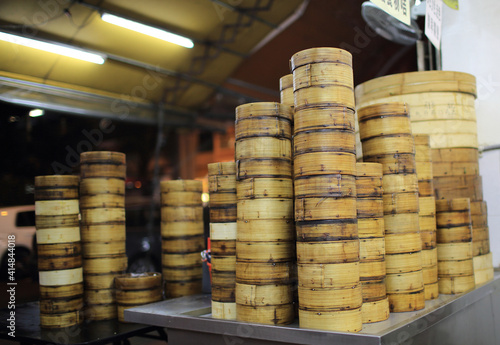 Canvas Print bamboo Tim sum container on the streaming, kitchen in Hong Kong