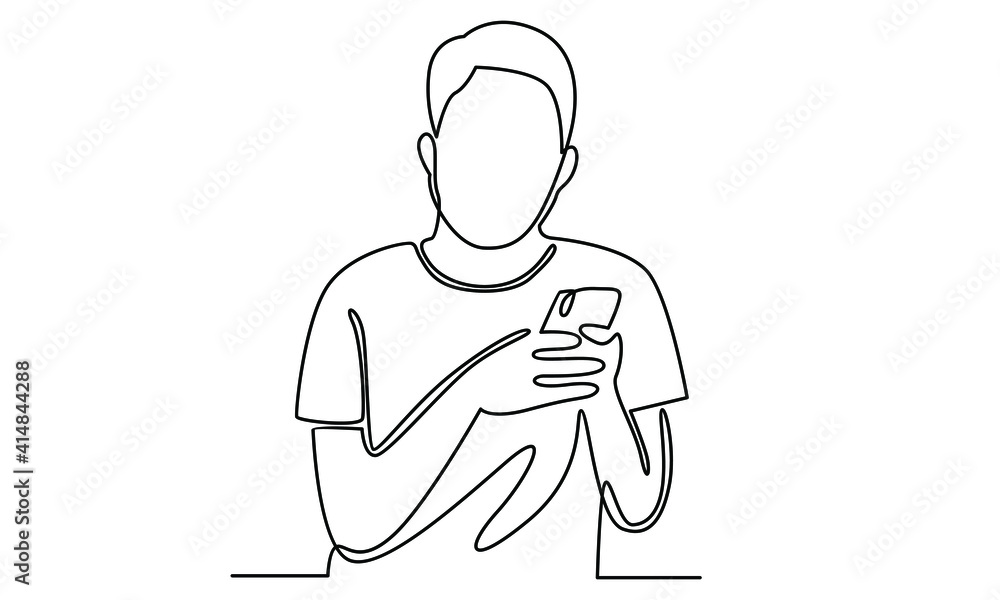 Continue line of man holding cellphone, using mobile application to chat or sending message Continue line of man holding cellphone, using mobile application to chat or sending message