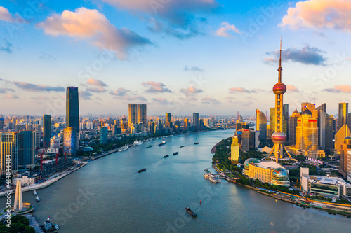 Photography Aerial view of Shanghai skyline at sunset,China.