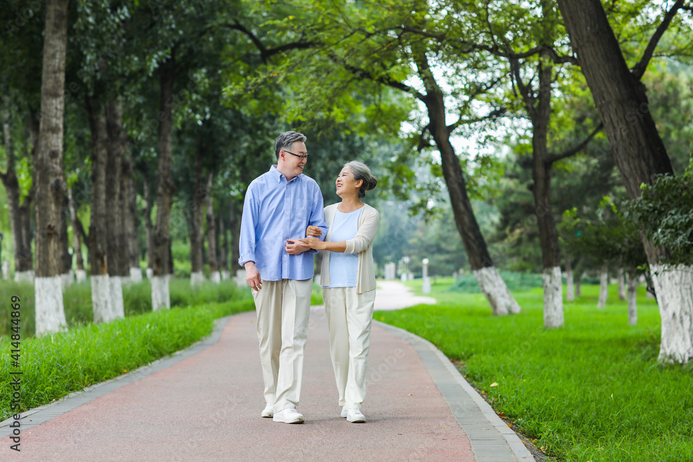 Happy old couple walking in the park Happy old couple walking in the park