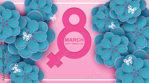 8 march. Happy Woman's Day background. Design with flower and butterflies on pink background. paper art. Vector.