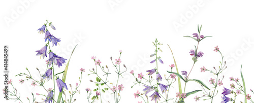 The watercolor horizontal line of bells and pink flowers on a white background. For congratulations, invitations, weddings, anniversaries, birthday 