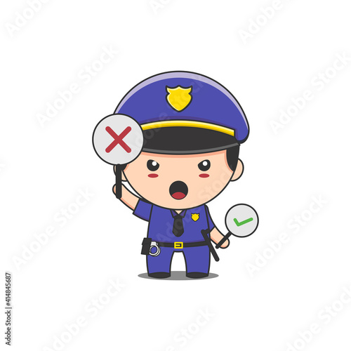 cute police man holding wrong and right signs