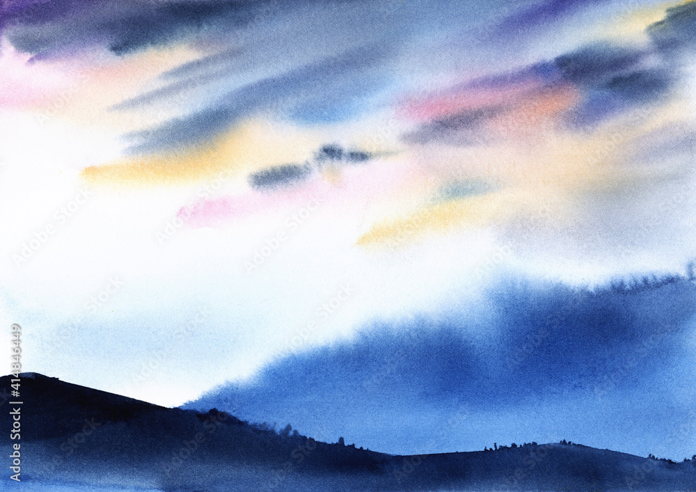 Abstract watercolor landscape. Blurry silhouette of bare hills with rare areas of vegetation against dusk sky with majestic gray cloudscape colored with orange and pink splashes. Spring illustration