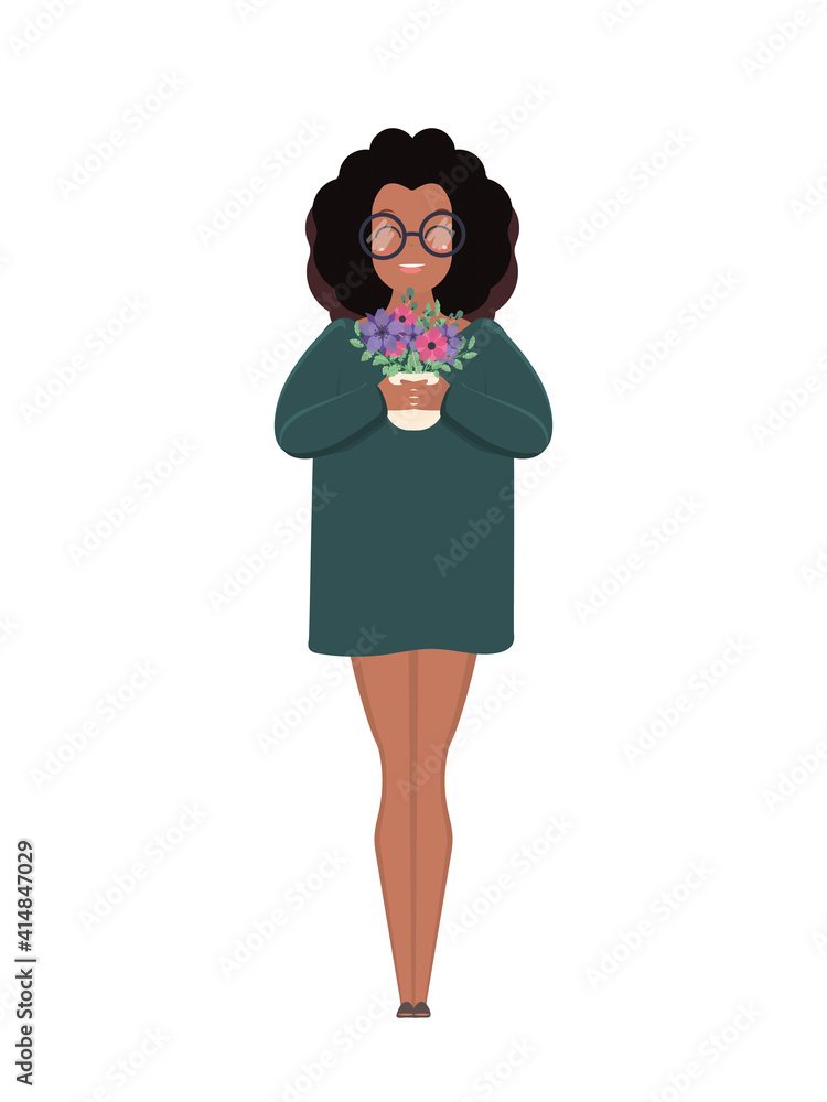 A dark-skinned girl in glasses and a long T-shirt holds a pot with a flower in the gooks. African American girl in full growth. Isolated. Vector. A dark-skinned girl in glasses and a long T-shirt holds a pot with a flower in the gooks. African American girl in full growth. Isolated. Vector.