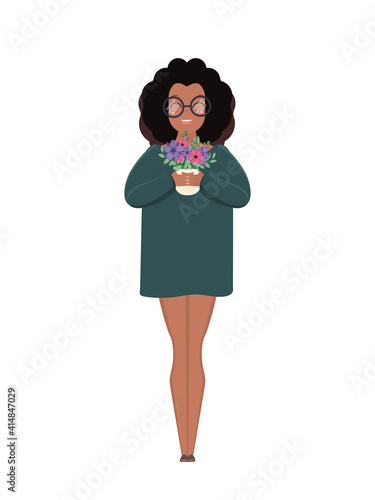 A dark-skinned girl in glasses and a long T-shirt holds a pot with a flower in the gooks. African American girl in full growth. Isolated. Vector.