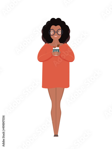 A dark-skinned girl in glasses and a long T-shirt holds a hot drink in the gooks. African American girl in full growth. Isolated. Vector.