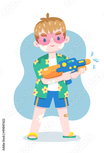 [Thailand Songkran Festival] Cute style tourist holding water gun cartoon illustration