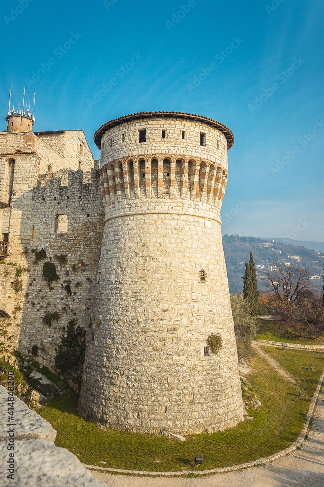 View of the Observation tower from the lower tier of the castle of Brescia city. Lombardy. The Falcon of Italy, one of the largest fortified complexes with 75,000 square metres enclosed within walls