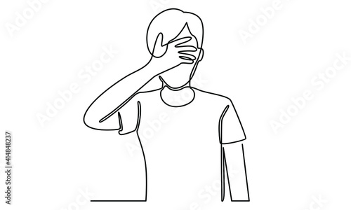 Continue line of man closing eyes with palm gesture. Turning blind eye