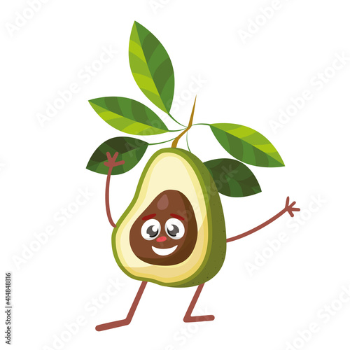 Cute and funny avocado character in comic style looking up, cartoon vector illustration isolated on white background.