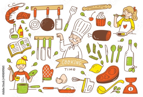 Set of cooking doodle, kitchen utensils and ingredients