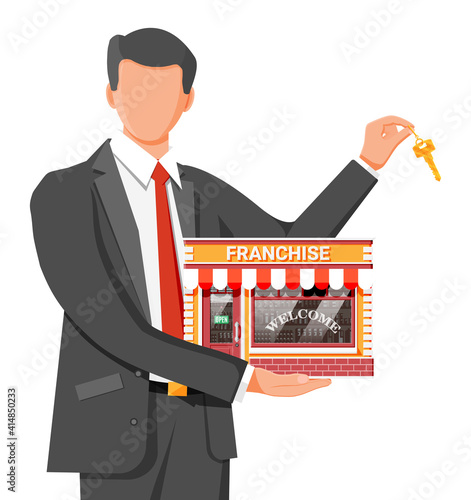Franchise business for sale. Franchising shop building or commercial property. Real estate business promotional, sme startup crowdfunding. Selling buying new business. Flat vector illustration
