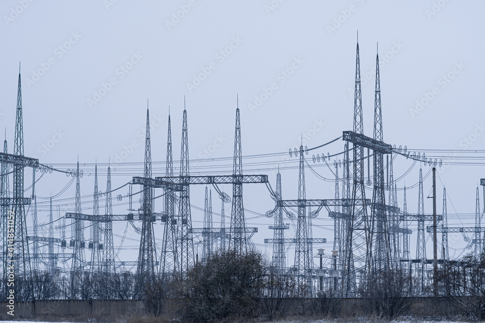 High voltage towers at a powerful electrical substation. electricity transmission from Ukraine to Europe. High quality photo