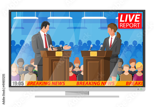 Male and female candidates at rostrums with microphones on tv screen. Politics discussing between man and woman. Presidential elections concept. Political, economic debate. Flat vector illustration