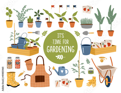 Garden equipment set. Spring agriculture tools. Farm plants, seeds, watering can, bucket, wheelbarrow, wooden box, seedling, pots, rubber boots and gloves. Flat cartoon vector illustratration.