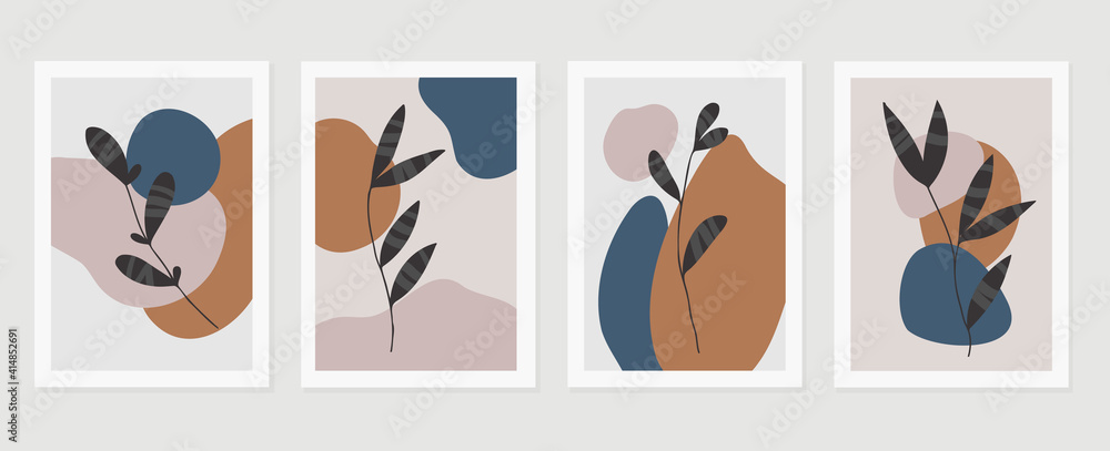 Botanical wall art vector set. Earth tone background foliage line art drawing with abstract shape and watercolor. Design for wall framed prints, canvas prints, poster, home decor, cover, wallpaper