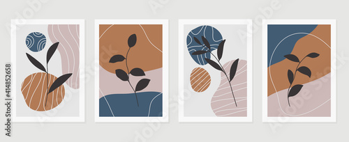 Botanical wall art vector set. Earth tone background foliage line art drawing with abstract shape and watercolor. Design for wall framed prints, canvas prints, poster, home decor, cover, wallpaper © TWINS DESIGN STUDIO