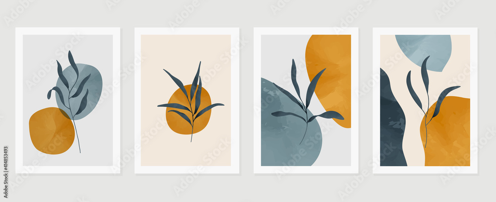 Botanical wall art vector set. Earth tone background foliage line art drawing with abstract shape and watercolor. Design for wall framed prints, canvas prints, poster, home decor, cover, wallpaper