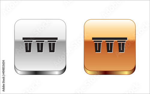 Black Water filter icon isolated on white background. System for filtration of water. Reverse osmosis system. Silver and gold square buttons. Vector.
