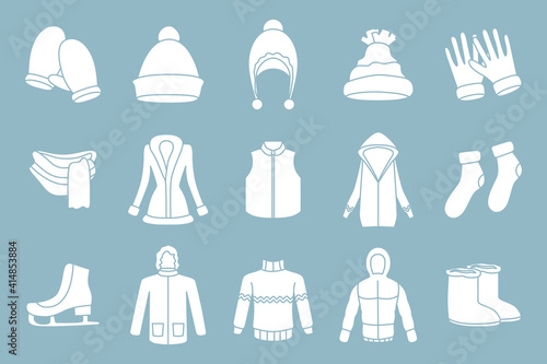 Winter clothing Icons set - Vector silhouettes of scarf, cap, jacket, sweater, coat, mitten, and other clothes for the site or interface