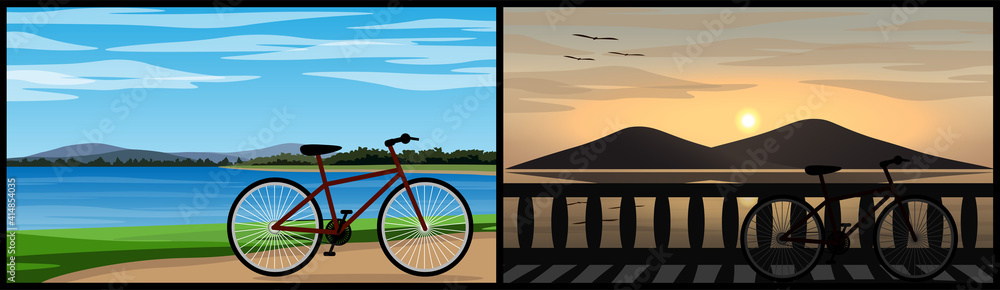 Obraz premium Two image of A bike parked near a beautiful natural lake, one in the clear daylight. And the other is sunset time