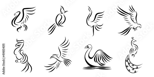 Fototapeta Naklejka Na Ścianę i Meble -  Set of eight vector images of different birds. Line drawing Can be used as a symbol Marks or logos are acceptable.