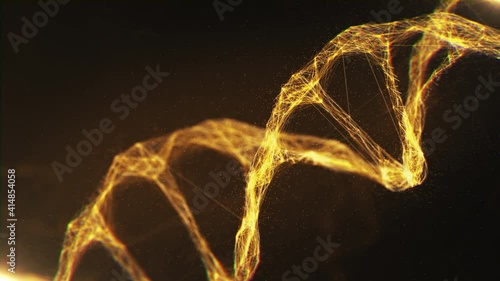 Close-up Golden Molecules Structure DNA Rotating on Glowing Backdrop. Bright 3D Animation Biotech DNA Model Rotation. Hologram of Genome Information Deoxyribonucleic Acid Body. Microscopic Concept 4k