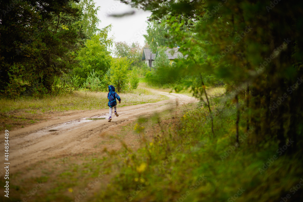 a little boy walks through the woods to a wooden house, selective focus a little boy walks through the woods to a wooden house, selective focus