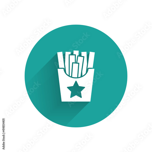 White Potatoes french fries in carton package box icon isolated with long shadow. Fast food menu. Green circle button. Vector.