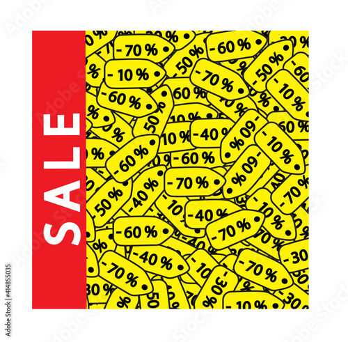 Vector image with the banner with the yellow price tags with the different amoun discounts and the text sale.