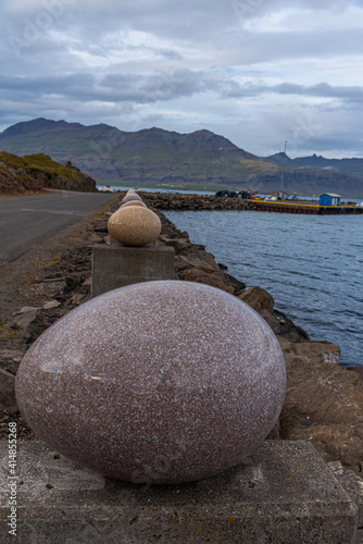 the Eggs at Merry Bay sculpture at Djupivogur village on Iceland photo