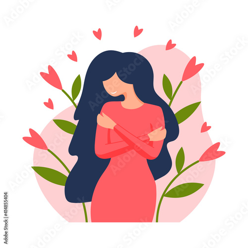 Young woman hugging herself. Love yourself. Self love concept. Love your body concept. Vector illustration in flat style