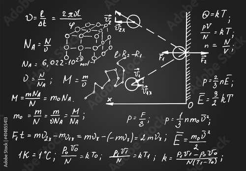 Molecular Physical equations and formulas on blackboard. Vector hand-drawn illustration. Scientific and educational background.