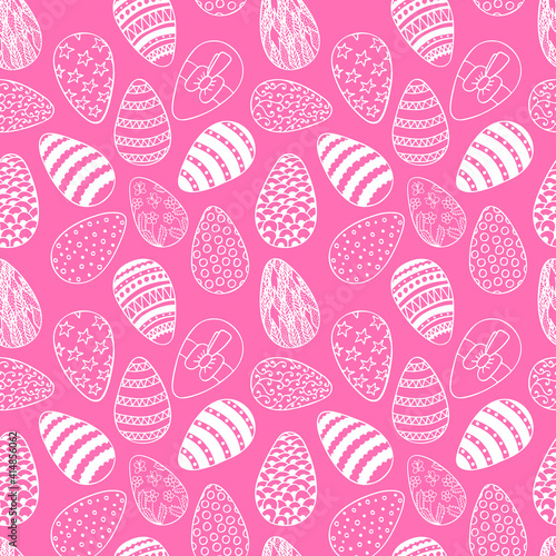 Easter pattern with decorated eggs in doodle style on pink background. Scrapbook paper  wrapping paper  fabric  textile designs.