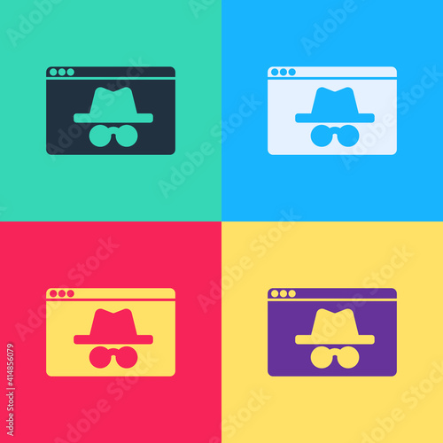 Pop art Browser incognito window icon isolated on color background. Vector.