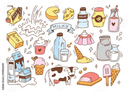 Set of dairy product in doodle style vector illustration