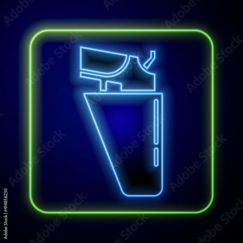 Glowing neon Revolver gun in holster icon isolated on blue background. Vector.