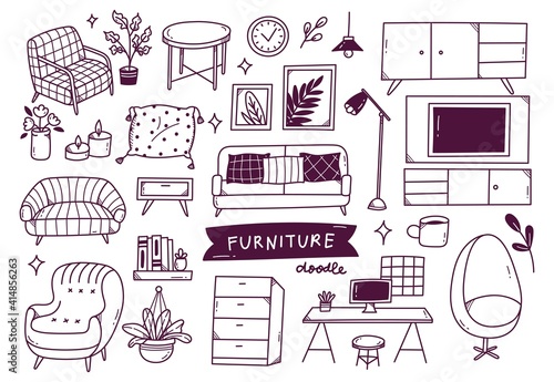 set of interior object in hand drawn doodle style 