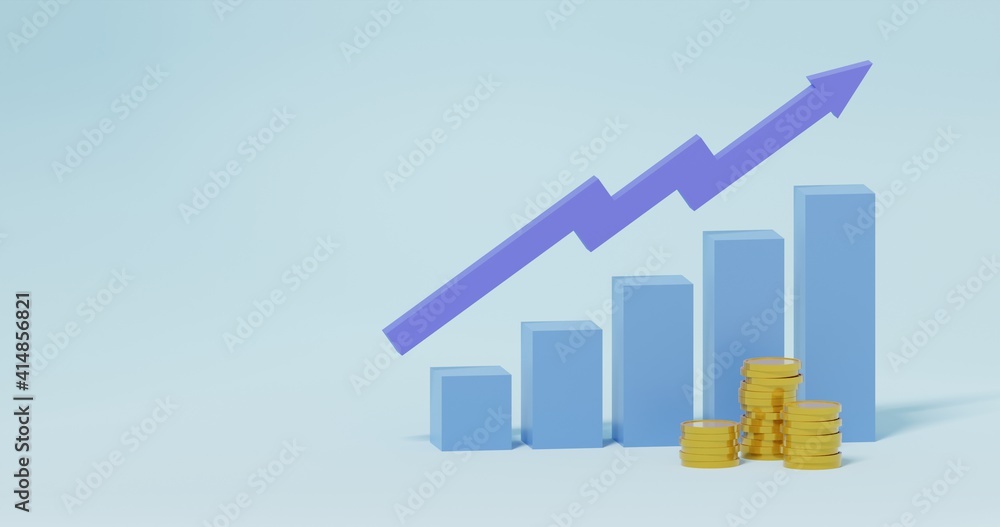 3d blue rising arrow and profit bar graph with multiple arrangements of coins 3d blue rising arrow and profit bar graph with multiple arrangements of coins