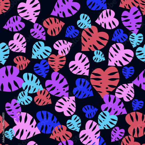 Seamless pattern with neon colored tropical monstera leaves
