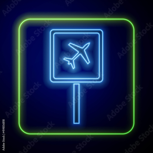 Glowing neon Airport icon isolated on blue background. Vector.